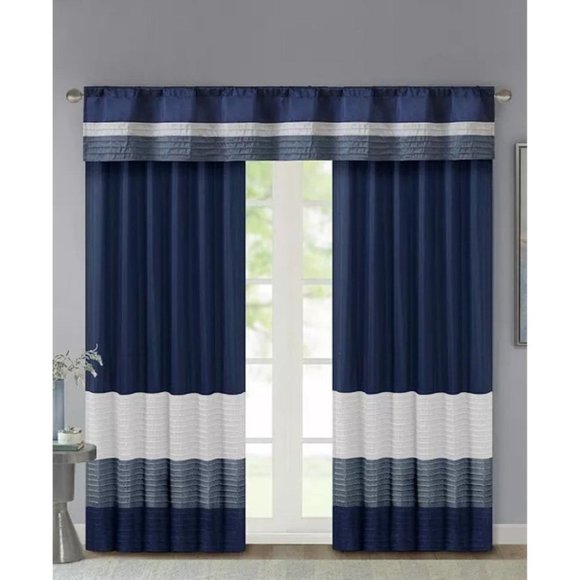 Madison Park Amherst Color-block Navy Valance 50×18. All 3 pcs - Picture 1 of 7
